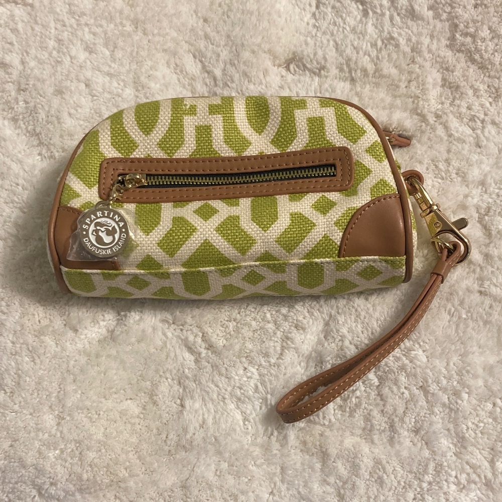 Spartina 449 Lime Green Geometric Canvas Wristlet with Tan Trim